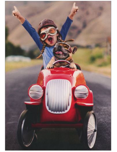 Avanti Press Girl and Dog Wearing Goggles and Riding in Red Go Cart Funny / Humorous Birthday Card